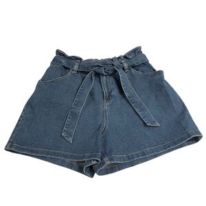 Time & Tru Paper Bag Denim Shorts Self Tie Women 12 High Rise Blue Boho Cottage